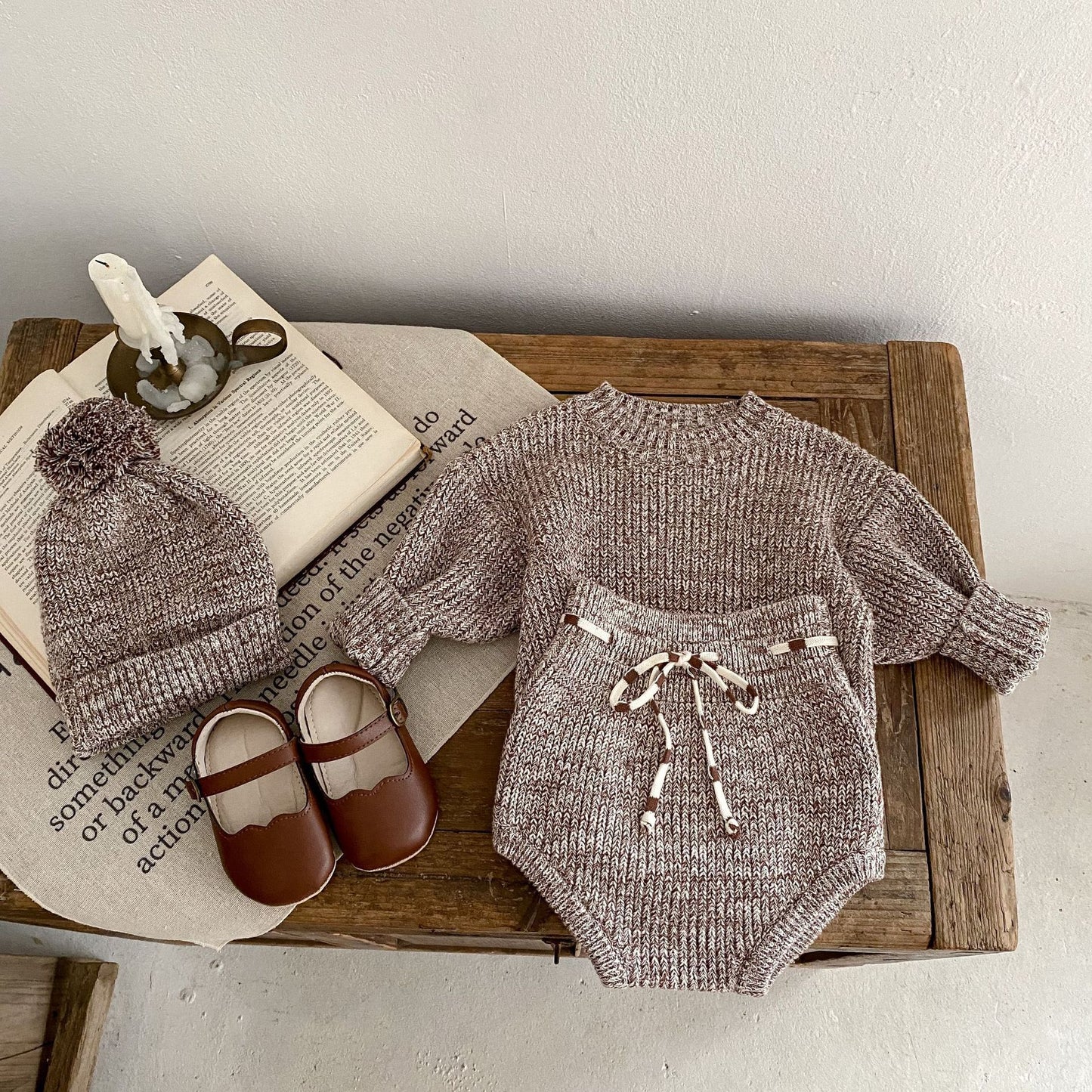 Baby Girl 3-Piece Knitted Outfit – Pullover, Pants & Pom-Pom Hat