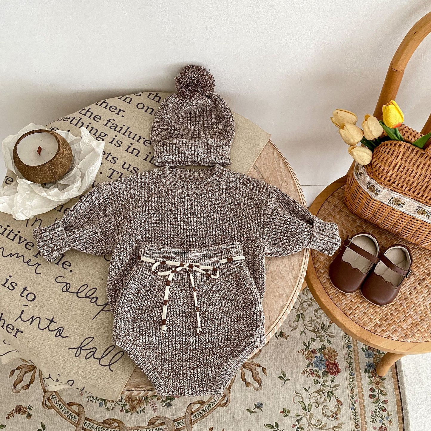 Baby Girl 3-Piece Knitted Outfit – Pullover, Pants & Pom-Pom Hat