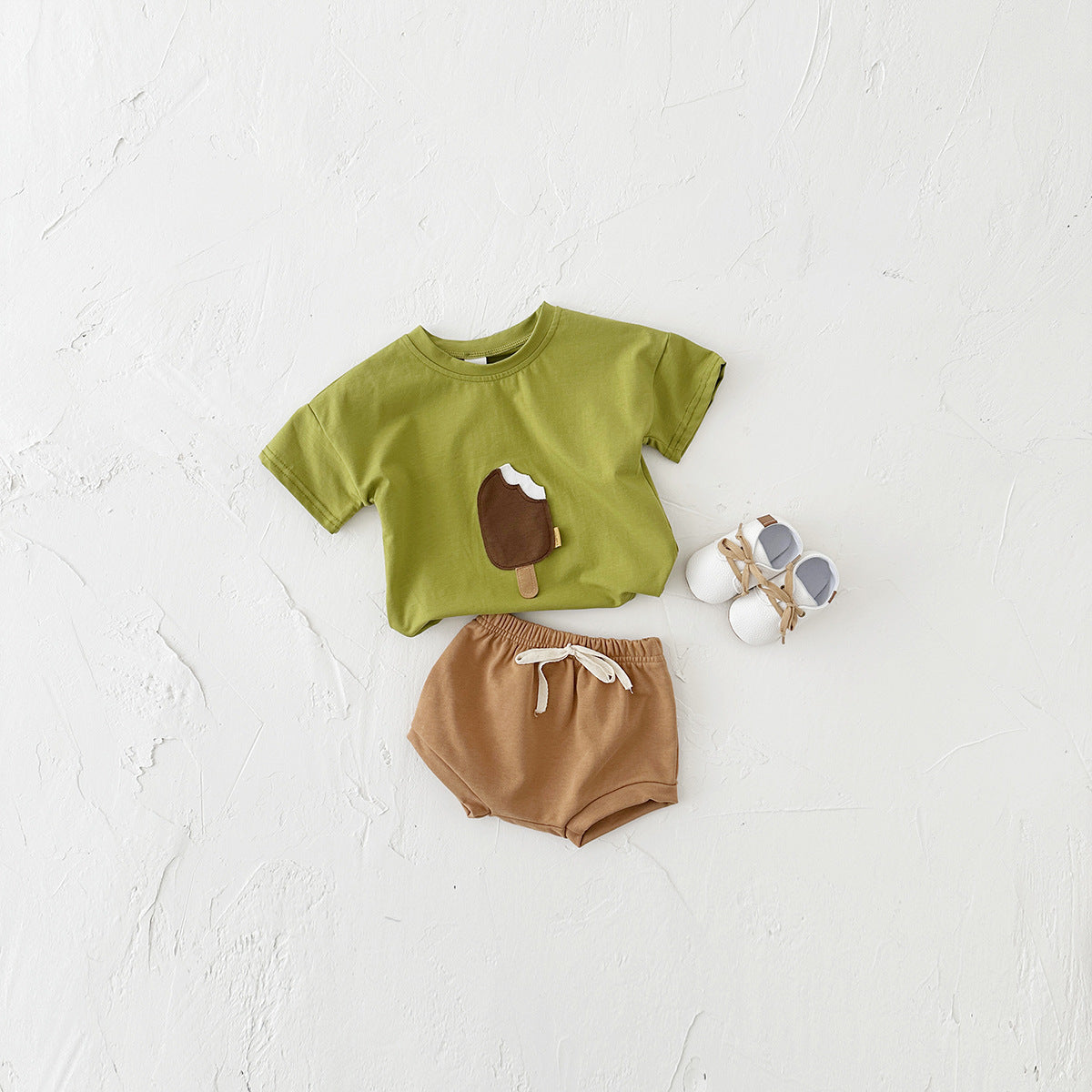 Girls’ Summer Shorts Set – Cotton Tee with Ice Cream Patch