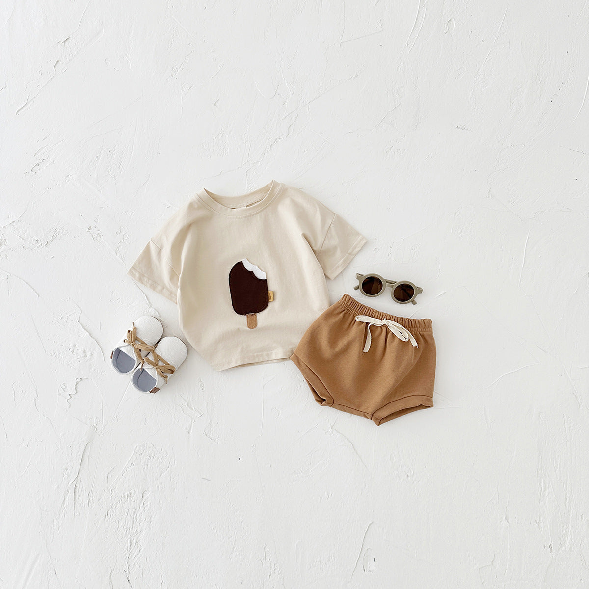 Girls’ Summer Shorts Set – Cotton Tee with Ice Cream Patch