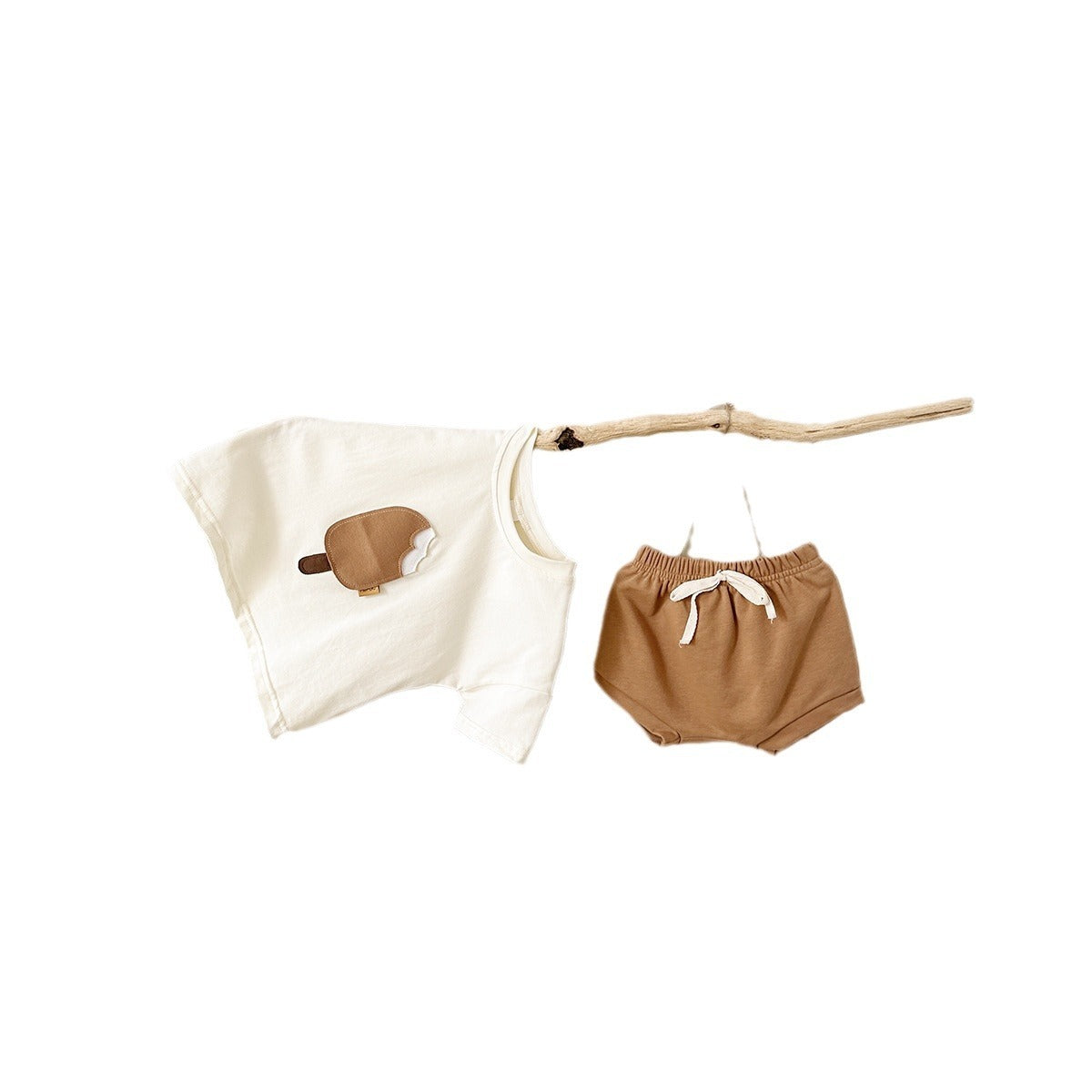 Girls’ Summer Shorts Set – Cotton Tee with Ice Cream Patch