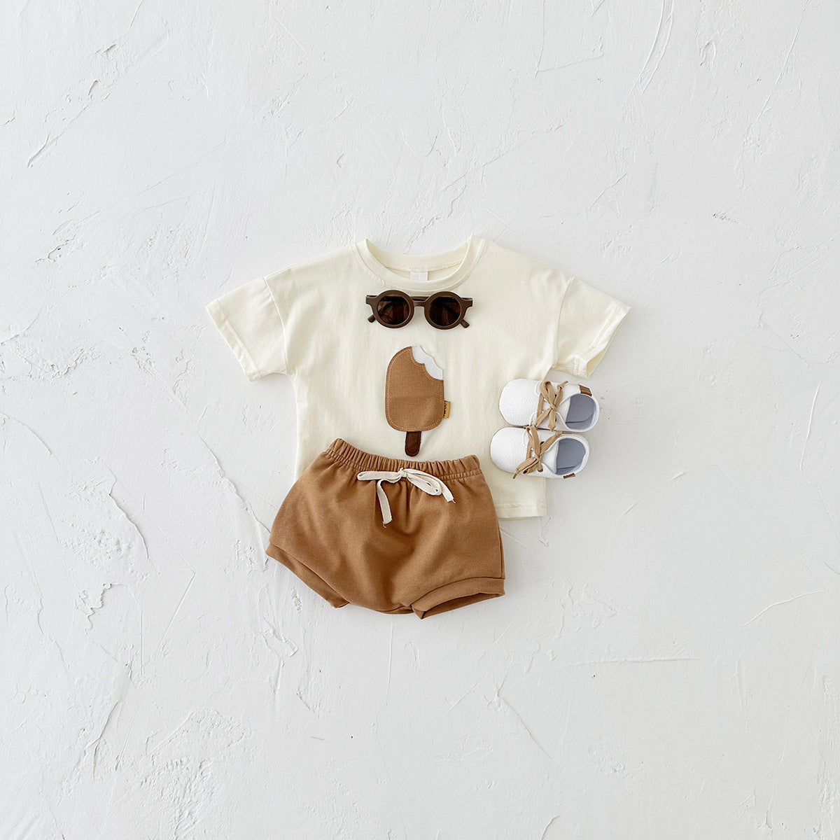 Girls’ Summer Shorts Set – Cotton Tee with Ice Cream Patch