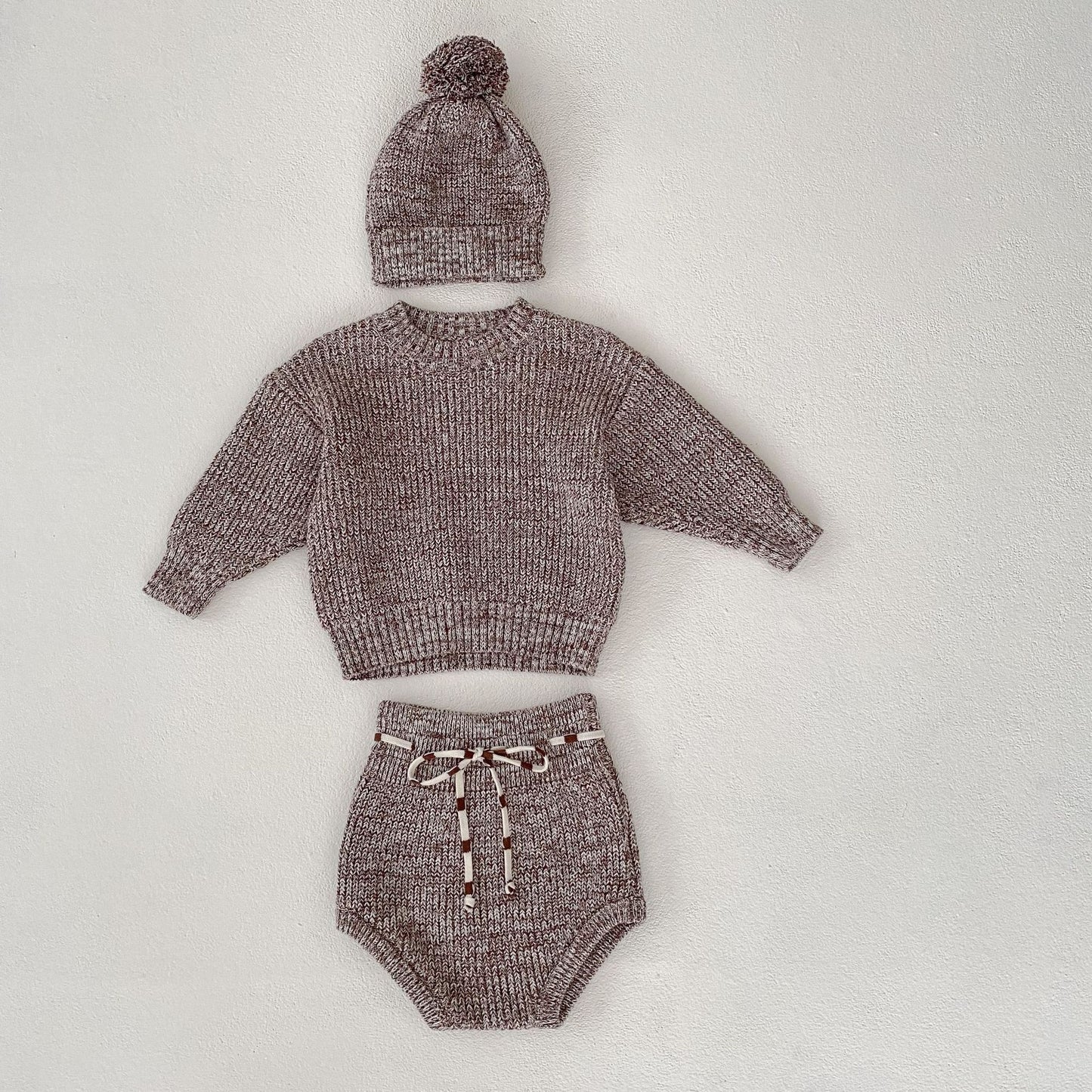 Baby Girl 3-Piece Knitted Outfit – Pullover, Pants & Pom-Pom Hat