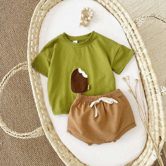 Girls’ Summer Shorts Set – Cotton Tee with Ice Cream Patch